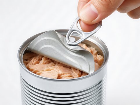 Hand pulling ring pull tab to open metal tin can of tuna for food preparation concept