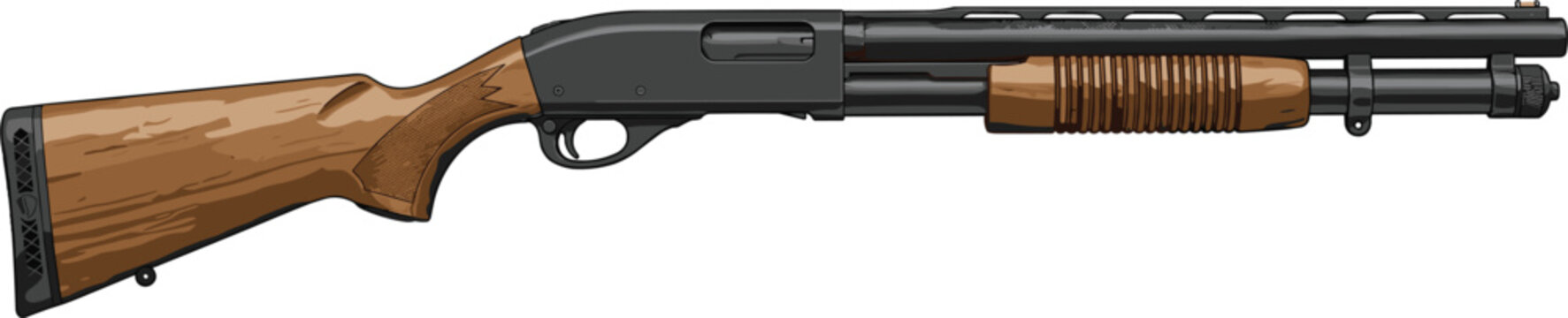 Pump action shotgun, wooden stock and forend, black metal barrel, firearm vector illustration