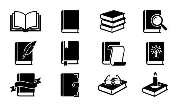 Set of 12 Book Icons, Knowledge Symbols, Reading Graphics, Library Elements, Education Icons, Literary Assets, Study Icons, Information Icons, Black and White Vector Collection