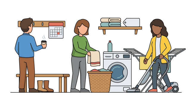 People doing housework laundry and cleaning vector illustration