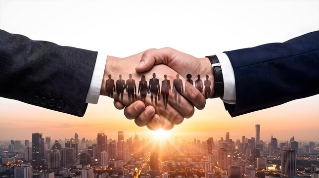 Professional business handshake with team silhouettes, corporate partnership and merger concept, sunset city skyline background