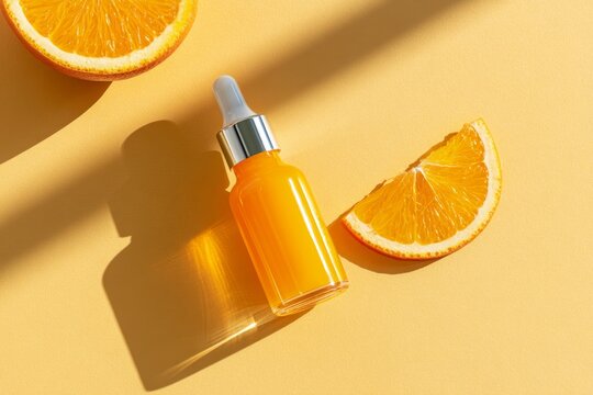 Bright orange serum bottle with orange slices on yellow background