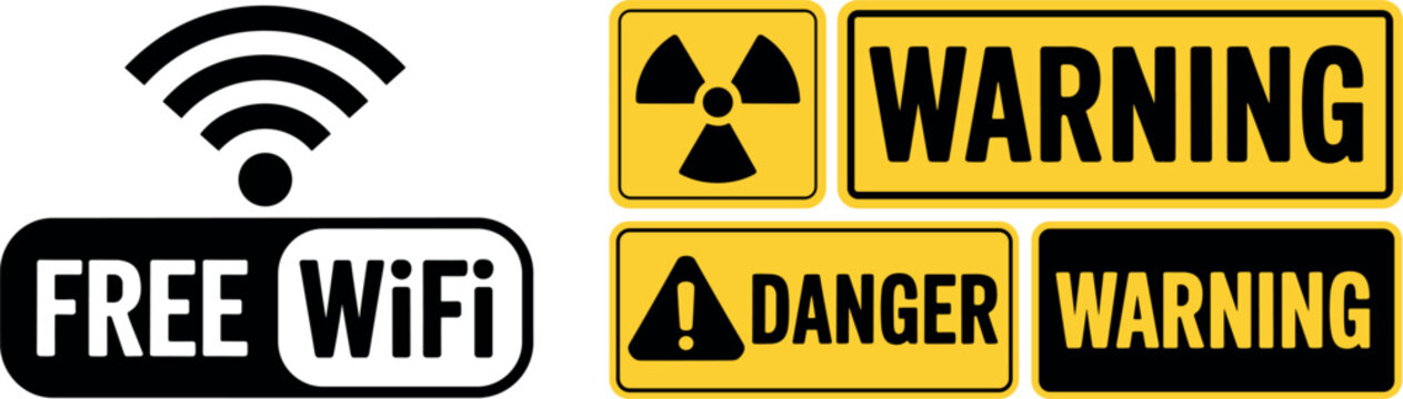 Free wifi sign with warning danger radioactive label set in yellow and black for safety design