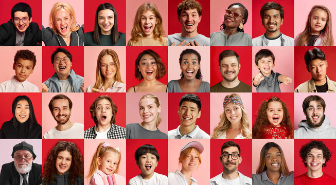 Grid of diverse people showing joyful surprised serious and playful facial emotions. Concept of emotional literacy, audience research and inclusive communication.
