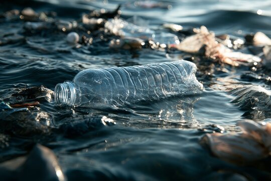 Plastic bottle floats in polluted water with debris and trash in the background