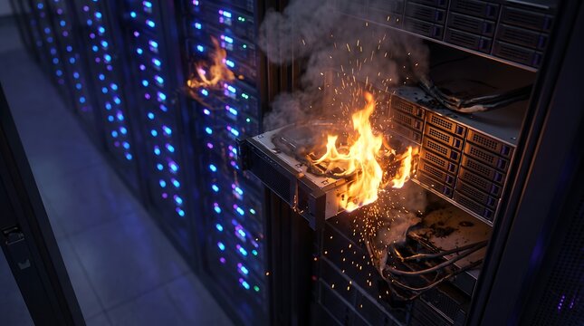 A server computer unit burning with bright flames, sparks, and smoke inside a modern data center rack, representing system failure and hardware damage.