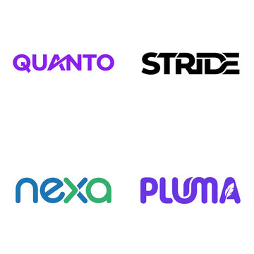 Modern corporate typography logos vector set featuring 4 creative abstract wordmarks, minimalist brand identity, custom lettering emblems for QUANTO, STRIDE, nexa, and PLUMA
