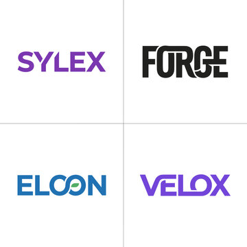 Modern corporate typography logos vector set featuring 4 creative abstract wordmarks, minimalist brand identity, custom lettering emblems for SYLEX, FORGE, ELCON, and VELOX