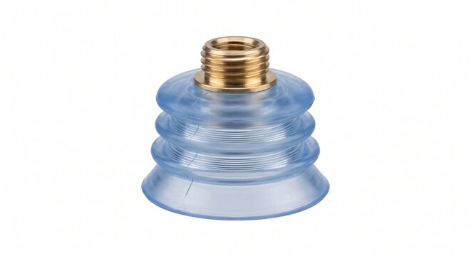 Robotic vacuum suction cup for pick-and-place automation. Translucent blue silicone elastomer bell with brass threaded mount. Isolated on white background.