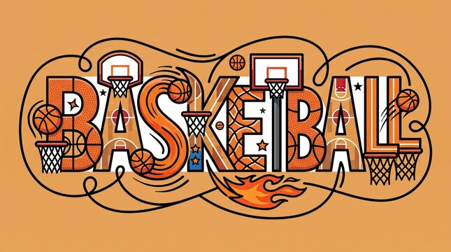 BASKETBALL Art: A vibrant graphic illustration featuring the word BASKETBALL creatively integrated with basketball hoops, balls, and flames, set against a warm orange background.