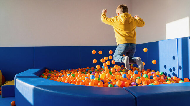 Child jumping into colorful ball pit in indoor playground with vibrant plastic balls and blue foam barriers