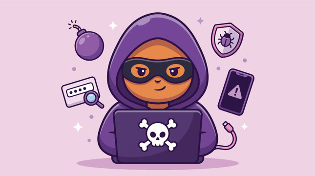 Cute cartoon hacker character working on a laptop with cyber security icons.