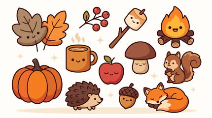 Fototapeta premium Cute Kawaii Autumn Illustration Set with Fox Squirrel Pumpkin and Mushroom.