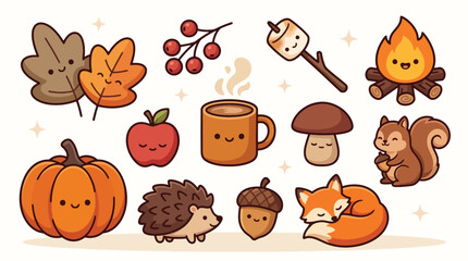 Fototapeta premium Cute Kawaii Autumn Doodle Icon Set with Pumpkin Fox and Hedgehog.
