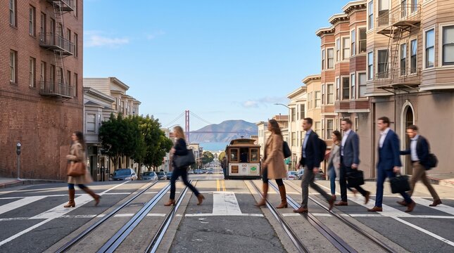 Business Commuters Crossing Street in San Francisco with Cable Car