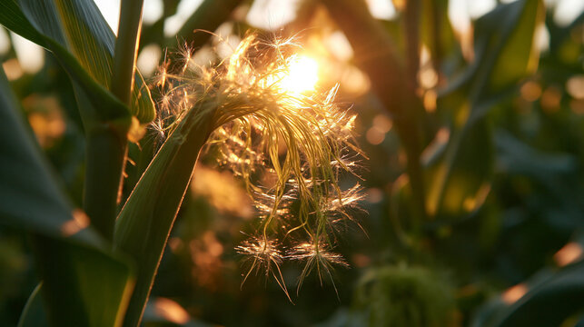 Corn Silk on Stalk in Field at Golden Sunset