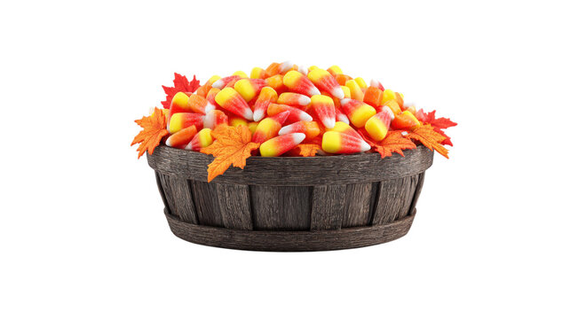Wooden bucket filled with candy corn and leaves