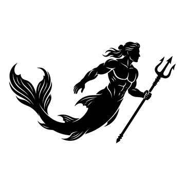 Mythical merman silhouette with trident, powerful sea god pose, black merman vector illustration for nautical branding and logos isolated on White Background silhouette