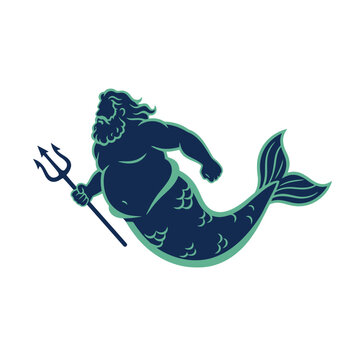 Vintage merman mascot holding trident, mythical sea god pose, navy blue and teal aquatic creature vector illustration isolated on White Background silhouette