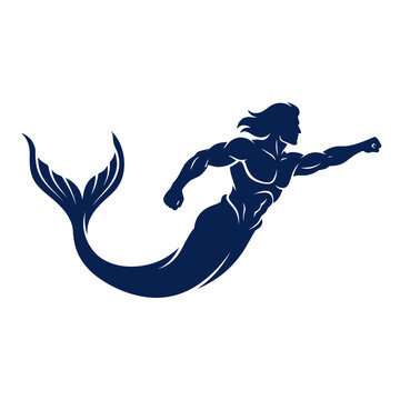 Merman superhero vector silhouette, muscular merman swimming in navy blue, powerful mythological sea creature mascot isolated on White Background silhouette