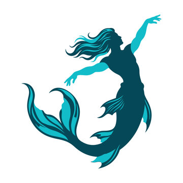 Mythical merman silhouette vector, turquoise sea creature illustration, swimming male mermaid character, nautical fantasy mascot isolated on White Background silhouette