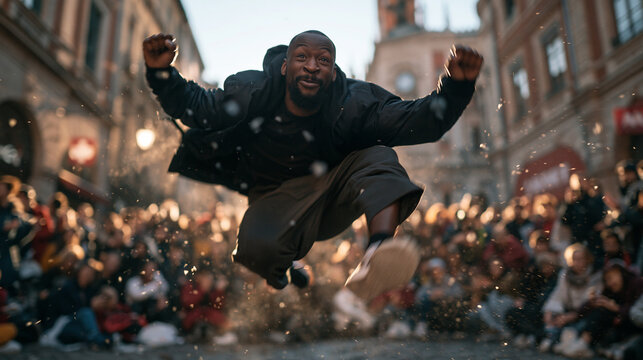 Joyful Street Dancer Jumping Mid Air in Front of Crowd