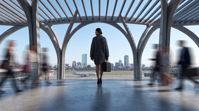 Businesswoman with Luggage Standing in Modern Airport Terminal
