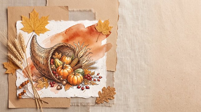 Thanksgiving Cornucopia Illustration with Autumn Leaves and Copy Space