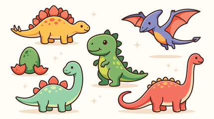 Fototapeta premium Set of Cute Cartoon Dinosaurs and Prehistoric Creatures Illustration.
