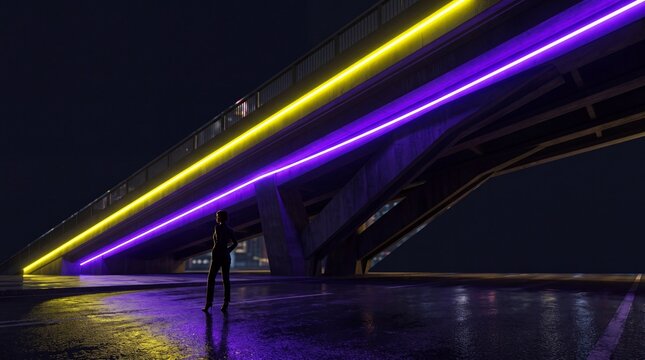 Silhouette of Woman Under Bridge with Glowing Neon Lights at Night