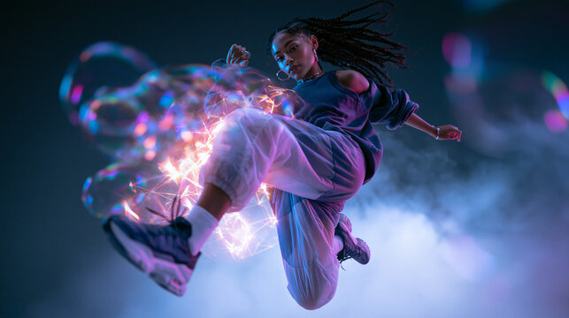 Young Female Dancer Jumping Mid-Air with Glowing Neon Effects