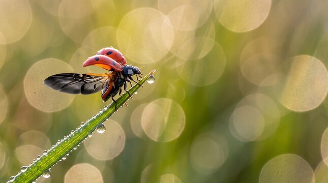 Ladybug Spreading Wings on Dewy Grass Blade at Morning