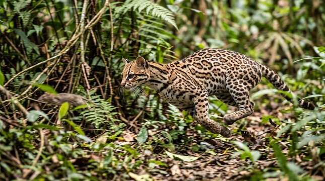 Ocelot Running and Hunting Prey in Rainforest Jungle