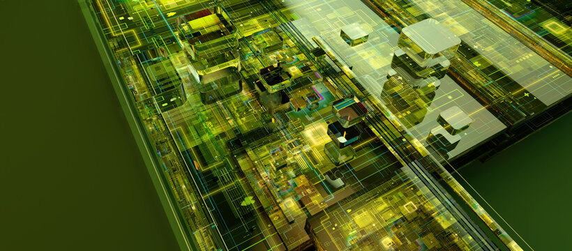 Circuit board technology with integrated electronic components, microchip, digital pathways. grid architecture. Semiconductor engineering, computing infrastructure, artificial intelligence 3D