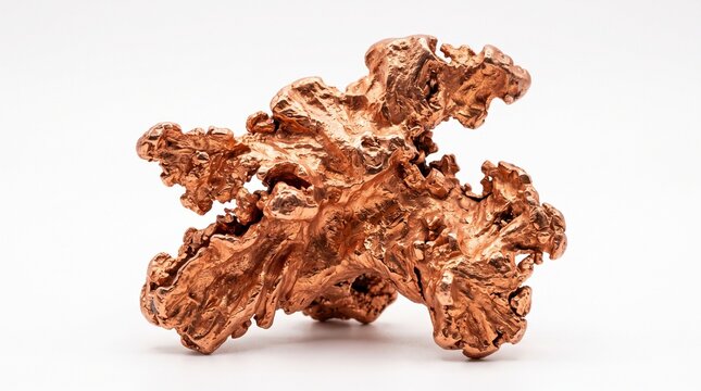 A realistic collection of copper materials featuring raw copper ore, native copper, chalcopyrite, malachite-rich ore, crushed minerals, copper concentrate, refined ingots, cathode sheets, rods, wires,