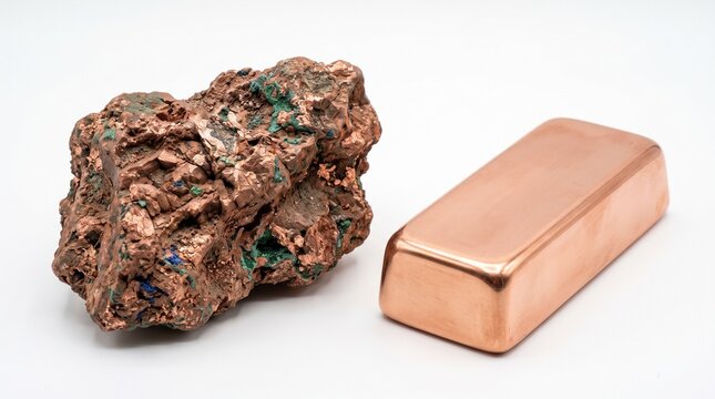 A realistic collection of copper materials featuring raw copper ore, native copper, chalcopyrite, malachite-rich ore, crushed minerals, copper concentrate, refined ingots, cathode sheets, rods, wires,