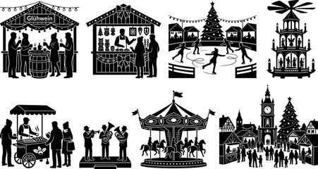 Fototapeta premium Christmas Market Silhouettes Set Festive European Holiday Stalls Ice Rink Carousel and Town Icons