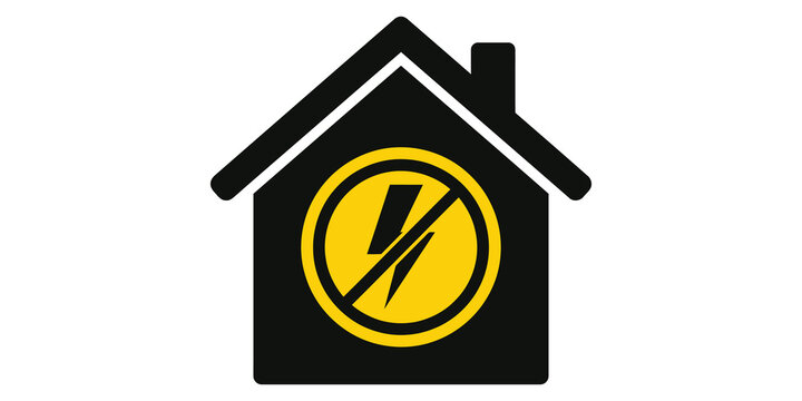 Black house icon featuring yellow no electricity sign for energy conservation or power outage concept.