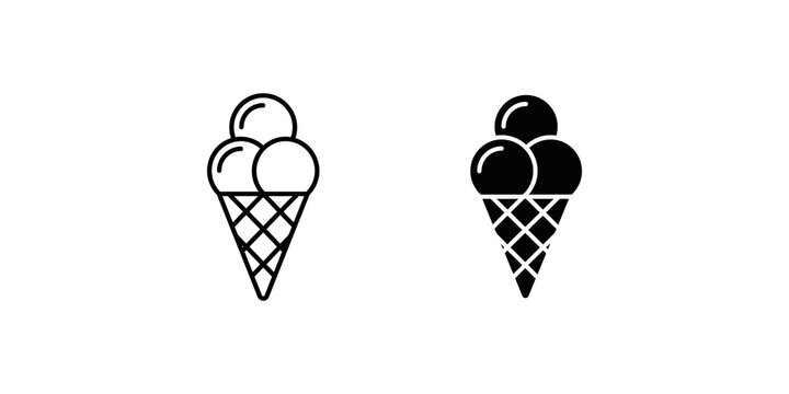 Ice cream cone icon in outline and solid black for sweet dessert illustrations.