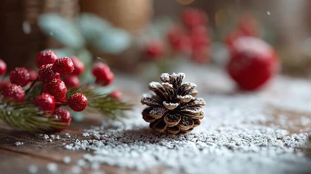 Red berries and pinecone on snow covered wooden surface.