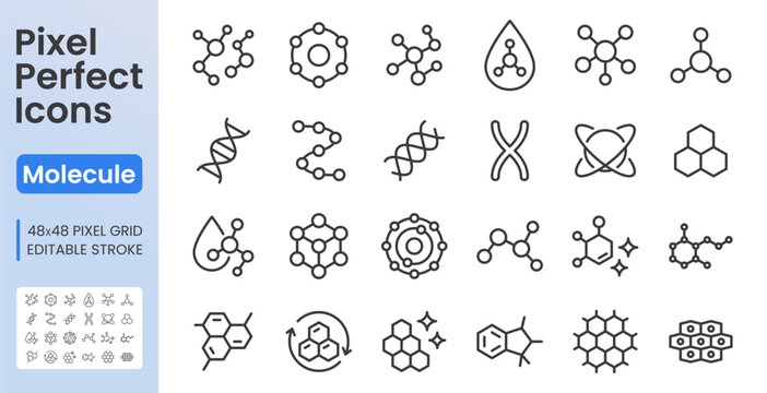 Chemistry, Molecular Structure line icon set. Molecule, DNA, atom, chromosome, niacinamide, collagen, acid linear minimal vector illustration. Simple outline sign. 48x48 Pixel Perfect. Editable Stroke