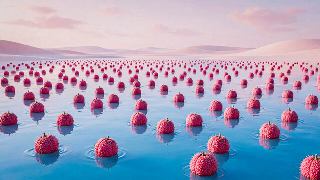 Multitude de letchis flottant sur l'eau 