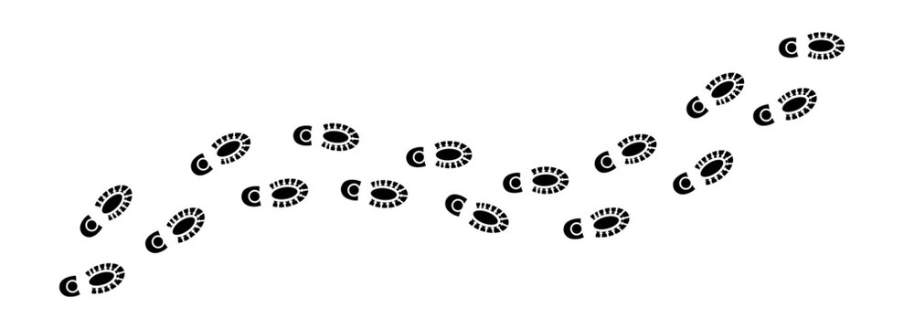 Black shoe print trail isolated on white background showing a path of footprints walking forward