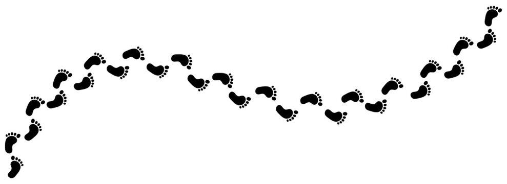 A trail of black human footprints walking in a curved path isolated on a white background