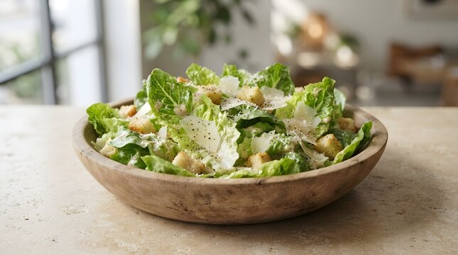 A fresh green caesar salad served in a rustic wooden bowl on a kitchen table near a window