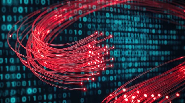 Fiber Optic Cables with Binary Code Background - Technology and Data Transfer Concept