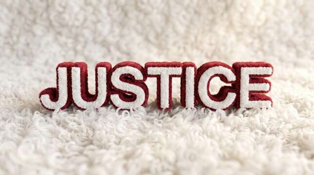 The word JUSTICE in textured 3D letters rests on a soft, white, fuzzy surface.