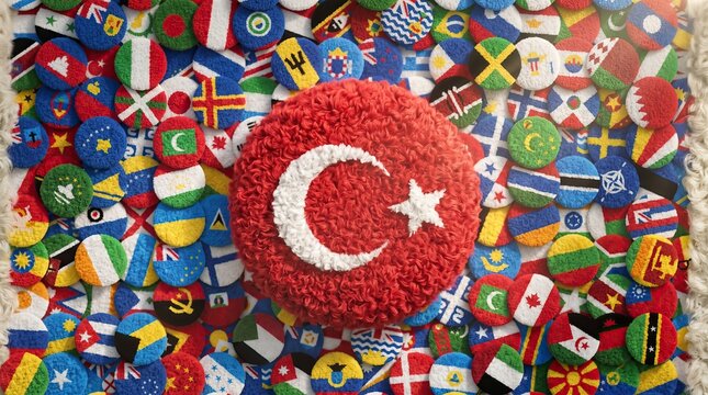 Turkish Flag Adorned with Global Flags: A vibrant centerpiece featuring the Turkish flag, surrounded by a diverse mosaic of international flags, celebrating unity and global connection.