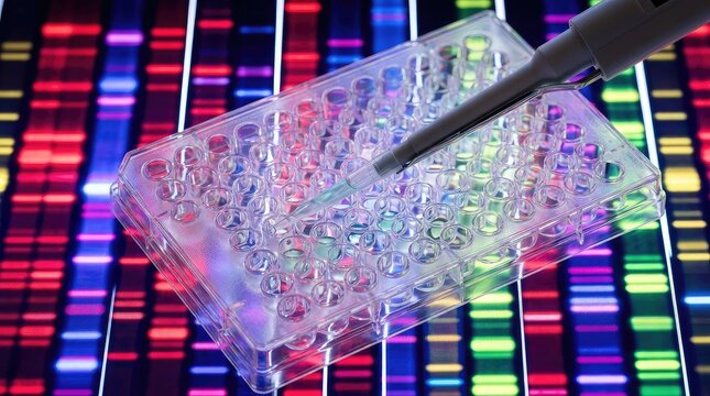 Laboratory DNA testing plate with pipette and genetic sequencing data background