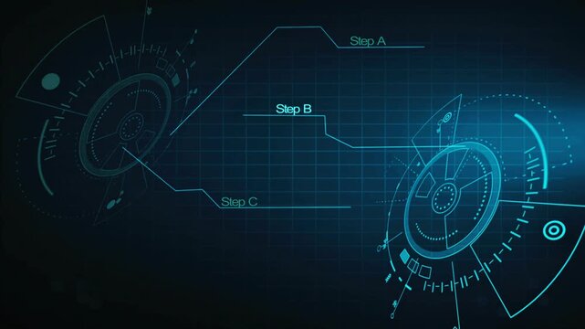 Abstract blue futuristic HUD user interface animation with technical diagrams, steps, and target circles. High-tech digital data visualization and sci-fi corporate network loop background.